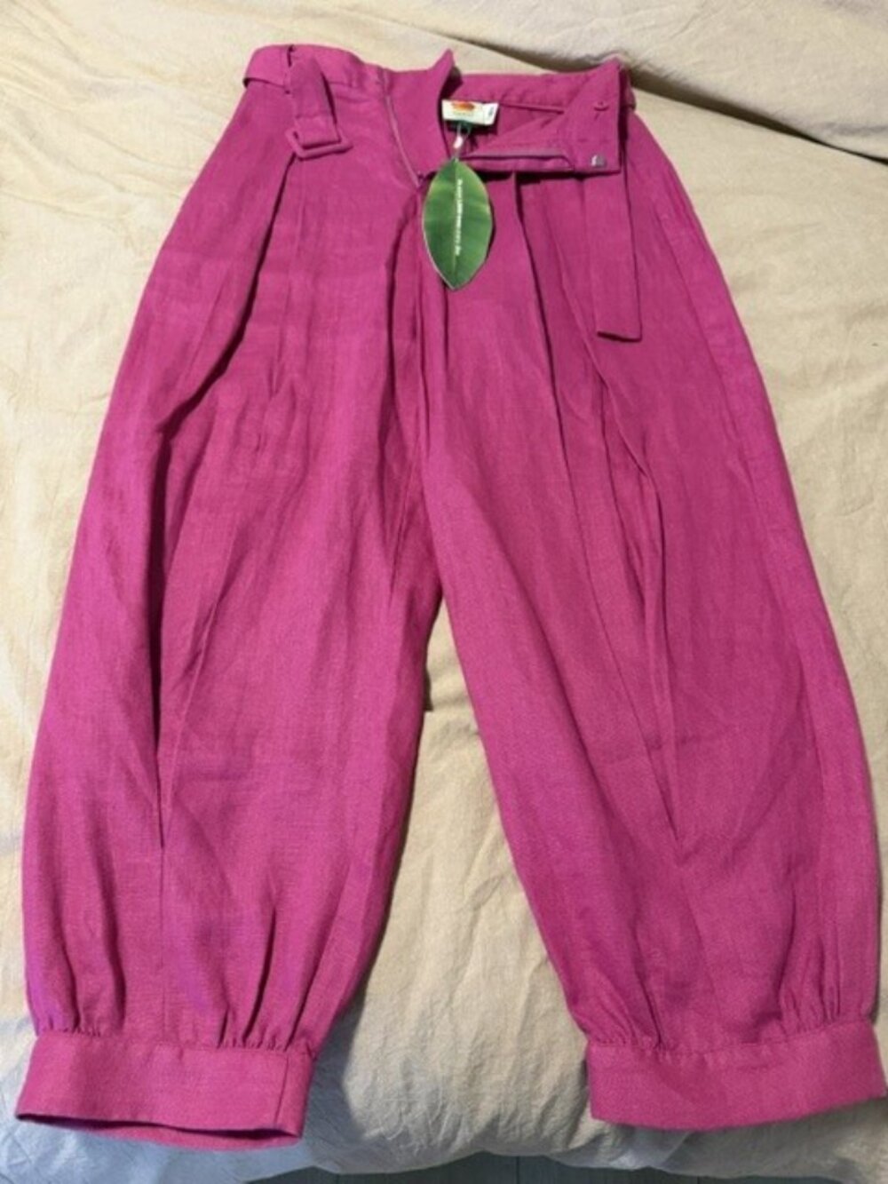 Farm Rio Pink 100% Linen Relaxed fit harem boho ballon pants belt NWT